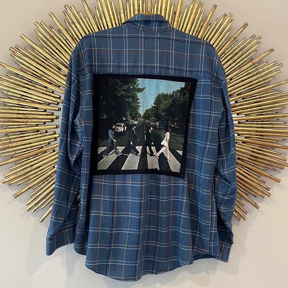 Urban Outfitters Blue Plaid Flannel Top with Beatles Graphic on Back